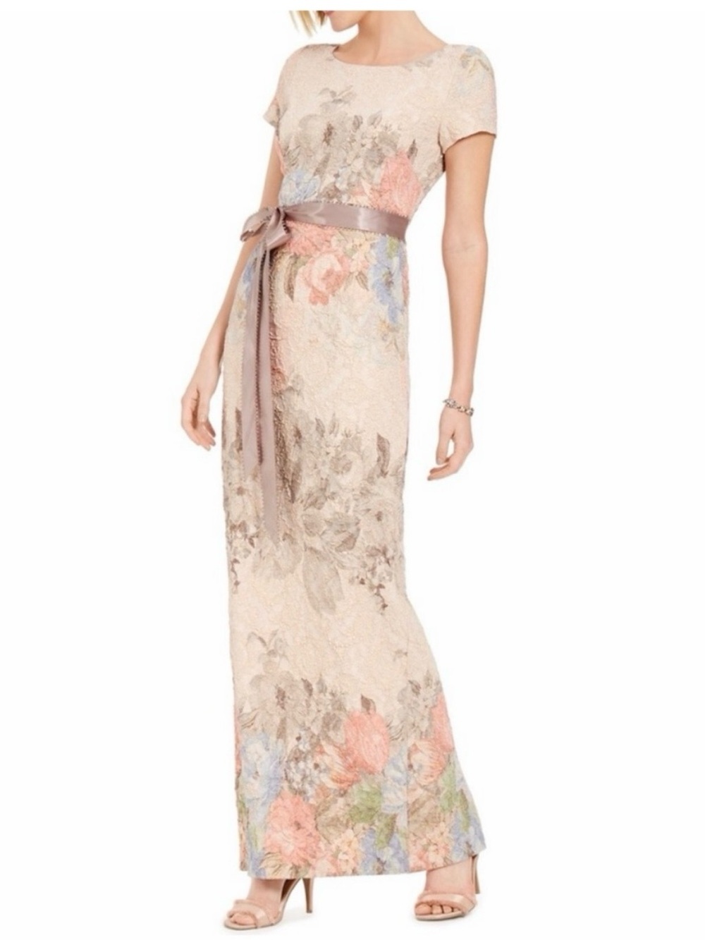 Adrianna Papell Blush Floral Lace Cap Sleeve Maxi Dress with Taupe Sash